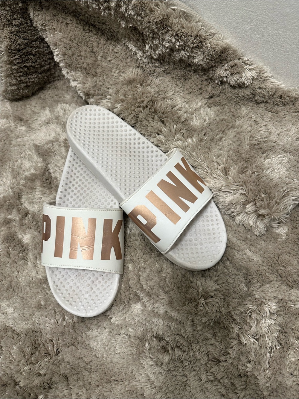 PINK Victoria's Secret White Slides with Rose Gold Logo